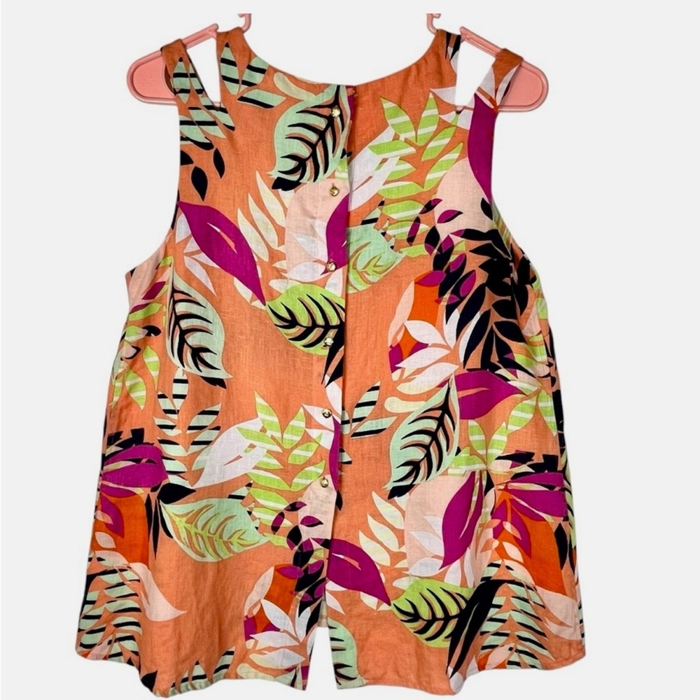 Tropical Leaf Print Linen Sleeveless High-Low Top by Kaari.  Women’s sized M - Picture 2 of 6
